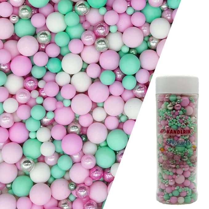 Edible Pink Series & Green Series Sugar Pearls Sprinkles Candy Mix Size Pearls Cake Decorations Cupcake Toppers Decorating Perfect for Wedding Party Valentine Supplies 4.58OZ