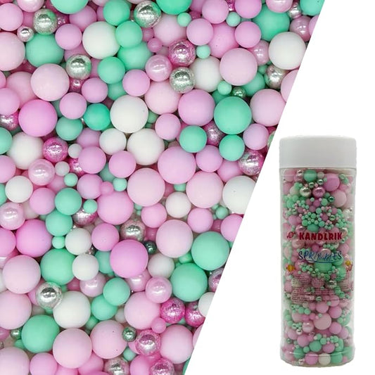 Edible Pink Series & Green Series Sugar Pearls Sprinkles Candy Mix Size Pearls Cake Decorations Cupcake Toppers Decorating Perfect for Wedding Party Valentine Supplies 4.58OZ
