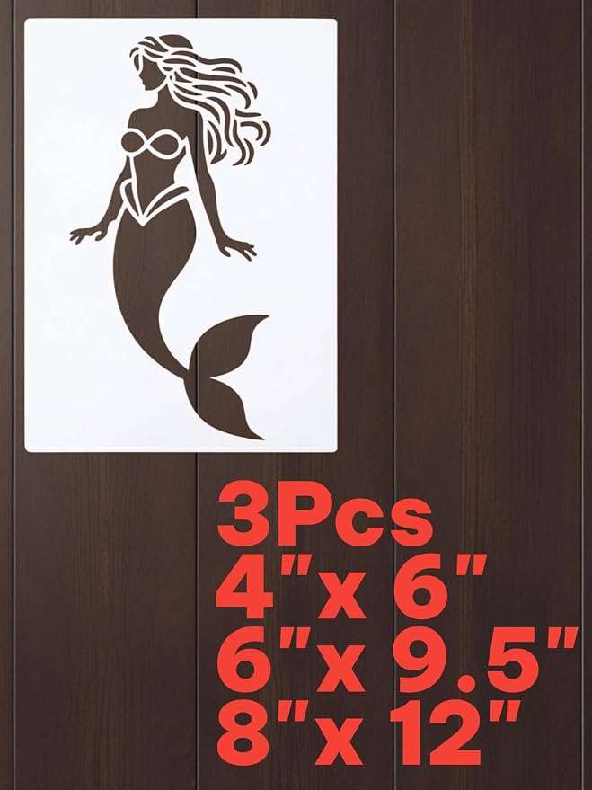 Mermaid Stencil – Nautical Ocean Fantasy Travel Adventure Design Template Pattern Reusable Art Stencil for Painting, Crafting and DIY Projects (3 Pcs Set)