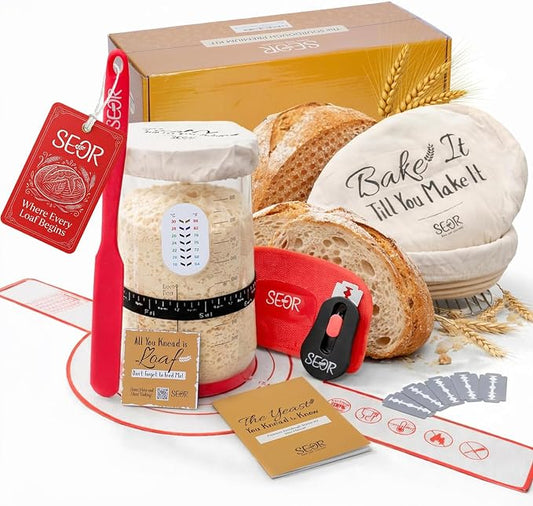 SEOR Premium Sourdough Starter Kit 42oz Glass Jar – Complete Sourdough Bread Baking Supplies with Banneton Proofing Baskets, Sour dough Tools & Accessories, Bread Making Kit