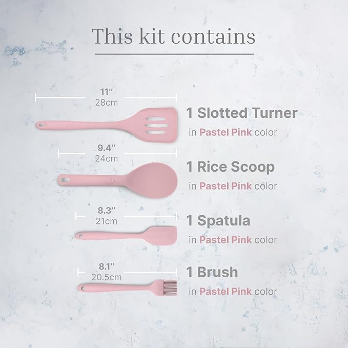 Silicone Utensils 4-Piece Set – Rubber Spatula, Pastry Brush, Slotted Turner, and Rice Paddle – Complete Heat-Resistant Set for Non-Stick Cookware – Kitchen Tools for Cooking and Baking – Pastel Pink