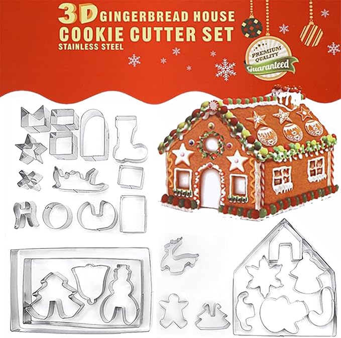 3D Christmas Gingerbread House Cookie Cutters Set, FantasyDay 28 Pcs 430 Stainless Steel Cartoon Snowflake Biscuit Cutter Pastry Mold for Holiday Birthday Cake Dough Donut Fondant - Baking Dough Tool