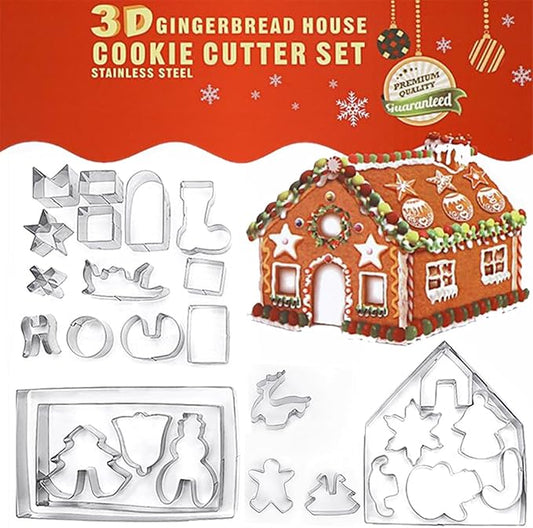 3D Christmas Gingerbread House Cookie Cutters Set, FantasyDay 28 Pcs 430 Stainless Steel Cartoon Snowflake Biscuit Cutter Pastry Mold for Holiday Birthday Cake Dough Donut Fondant - Baking Dough Tool