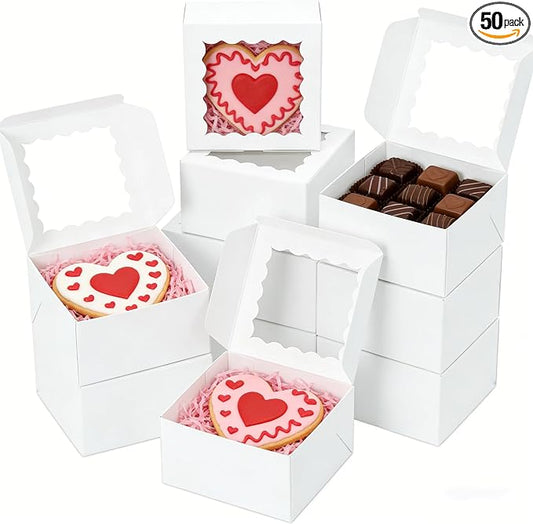 XINHPKGG 50pcs Cookie Boxes 4x4x2.5 Inch Bakery Boxes with Window Treat Box Dessert Box for Wedding Favors Party - White