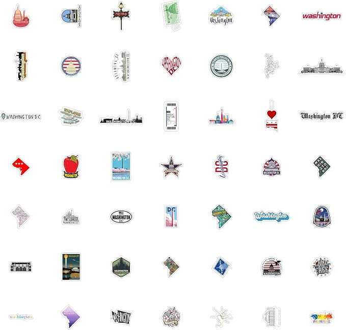 BulbaCraft 100Pcs Washington DC Stickers for Water Bottle and Laptop - Washington DC Party Supplies & Decorations, Waterproof Vinyl Decals, State Pride and Icon Stickers, Gifts for Women & Men