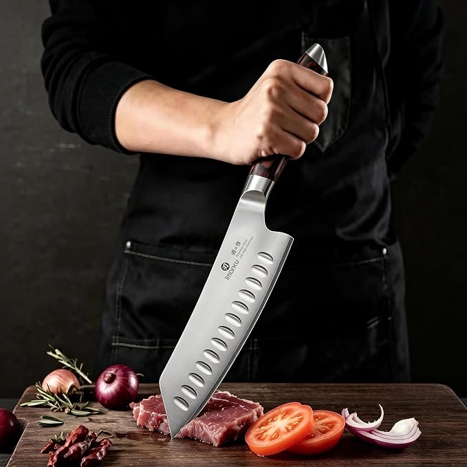 imarku Santoku Chef Knife 7 Inch, Ultra Sharp High Carbon Stainless Steel Japanese Kitchen Knife with Hollow Edge | Ergonomic Pakkawood Handle, Gift Box for Meat/Vegetables/Tomatoes & Daily Cooking