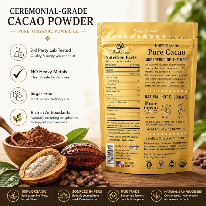 Pure Raw Organic Cacao Powder | Premium Ceremonial Grade Cacao | Natural Source of Flavanols, Magnesium, Iron & Theobromine | Sugar-Free Hot Cocoa Chocolate Drink & Baking Mix | Unsweetened - (33 Servings)