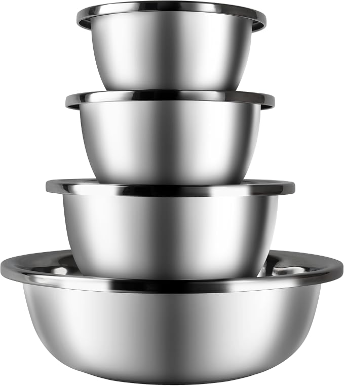 Mixing Bowls Set of 4, Stainless Steel, 7.9-14.2 Inch | Includes 7.9, 8.6, 10.2 and 14.2 inch bowls for baking, mixing dough, preparing salad and everyday kitchen use