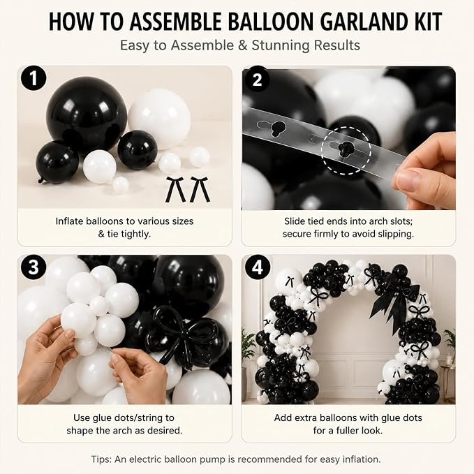 Black White Bow Balloon Garland Arch Kit, 149Pcs Coquette Bow Birthday Decorations for Engagement Wedding Bridal Shower Bachelorette Prom Party Decorations with Pre-Tied Bows and Long Balloons