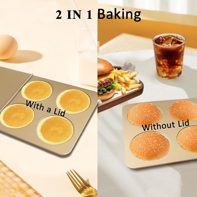 6-Cup English Muffin Pan with Sliding Lid, Nonstick Carbon Steel | 3.35" Cavities for Homemade English Muffins, 2-in-1 Breakfast Sandwiches, Hamburger Buns and Mini Quiches