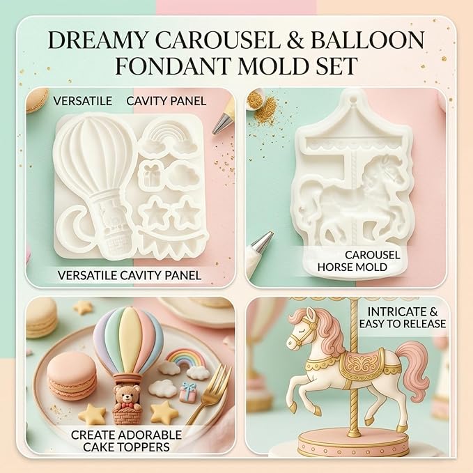 2Pcs Carousel & Hot Air Balloon Fondant Molds 3D Bear Rainbow Silicone Candy Molds for Cake Decorating, Cupcake Toppers, Cholocate, Polymer Clay, UV Resin, Flexible Gum Paste Tool
