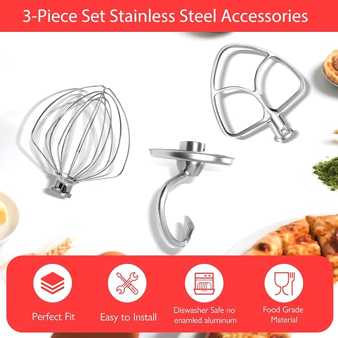Stainless Steel Mixer Accessories Compatible with KitchenAid 4.5-5 Qt Tilt-Head, Heavy Duty Flat Beater, Dough Hook & 6 Wire Whisk, Fits KSM150, KSM45, KSM90, Dishwasher Safe Replacement Parts