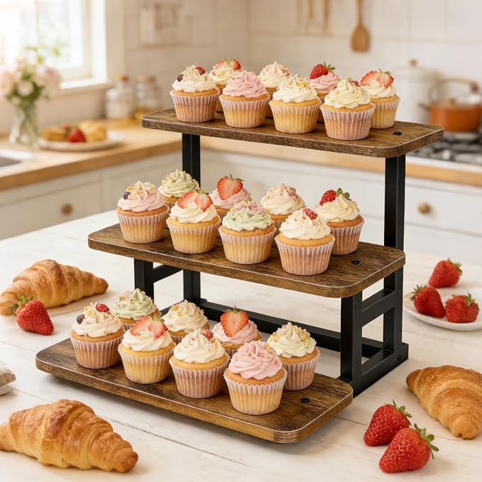 Lilybud--lily 3 Tier Cupcake Stand, Wooden Risers Display Stands Stepped Dessert Table Display Set with Metal Frame Tiered Tray Stand Serving Trays for Party Farmers Market Display