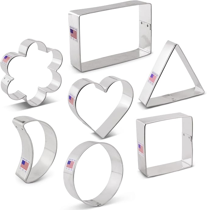 Ann Clark Basic Geometric Classic Shapes Cookie Cutters 7-Pc. Set Made in USA, Heart, Circle, Square, Rectangle, Triangle, Crescent Moon, Flower