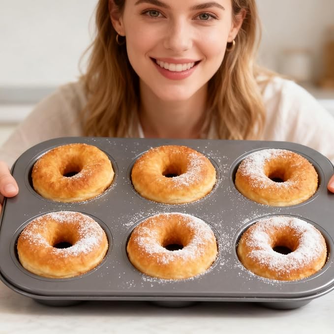 Non-Stick Donut Baking Pan, 1 Pack 6-Cavity Premium Carbon Steel Donut Mold, Heavy Duty & Oven Safe Baking Tray for Donuts, Muffins, Cakes and Biscuits, Easy Release