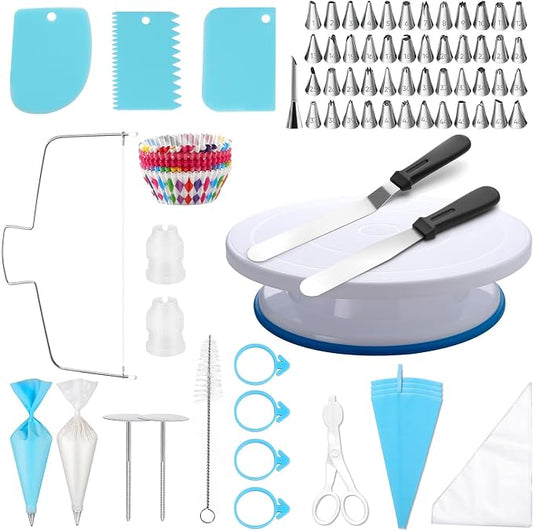 222 PCS Cake Decorating Kit - Includes Cake Turntable, Leveler, Piping Bags and Tips Set, 2 Frosting Spatulas, 3 Scrapers, 100 Cupcake Liners, Booklet and more Decorating Supplies