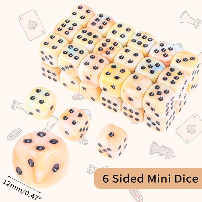 36 of Pack 12MM 6 Sided MINI Dice Set,Mixed Colours Swirls D6 Game Dice Set, 6 Sided Standard Dices for Yahtzee, Bunco,with Portable Plastic Box(Orange, Yellow, Blue, Green)