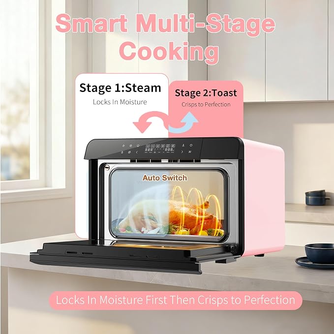 ROBAM Toaster Air Fryer Combi Oven, Countertop Steam Oven 14-in-1 with Convection Steam Roast & Bake, Multi-Stage Cooking, Self-Clean, 7 Modes, 30 Built-In Recipes, for Kitchen Pizza Baking (Pink)