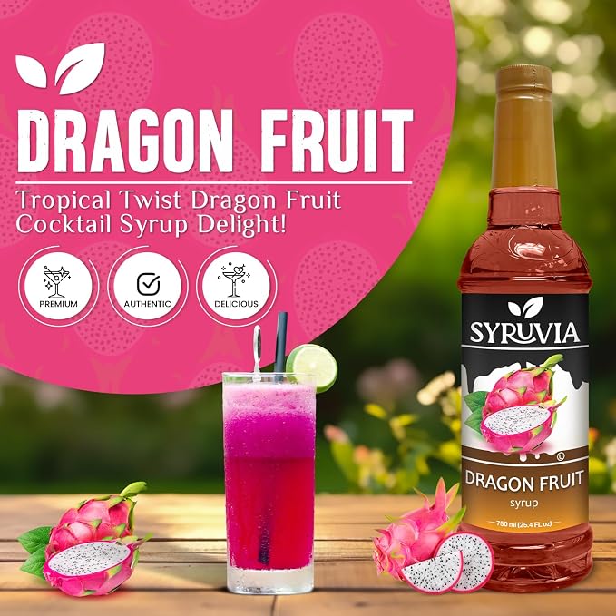 Syruvia Dragon Fruit Syrup, Flavored Syrup for Drinks, Lemonades, Iced Teas, and Desserts – 25.4 fl oz - with Pump