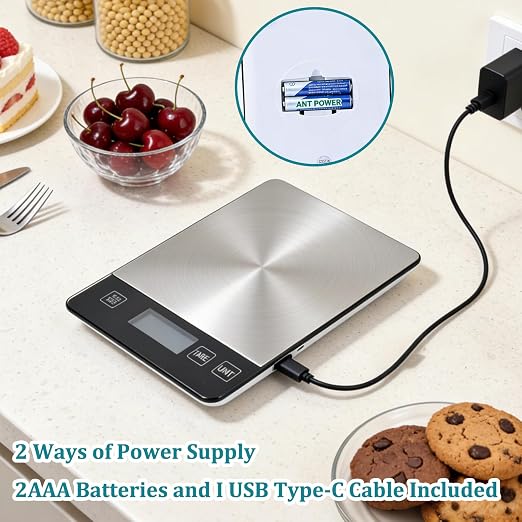 Food Kitchen Scale 15kg/33lb, Digital Grams and Ounces Scale for Weight, Baking, Cooking Platform with Type-C Rechargeable & Backup Battery Mode, 304 Stainless Steel