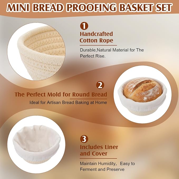 6 Set 5.5 Inch Mini Banneton Bread Proofing Basket Natural Cotton Rope Proofing Bowls Kit with Cloth Liner Small Sourdough Bread Baking Supplies for Home Baking (Brown)