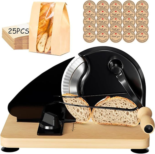 Manual Bread Slicer for Homemade Sourdough Bread with 25 Set Paper Bread Bags, Adjustable Thickness, Hand Crank Sourdough Bread Slicer with Stainless Steel Blade, Suction Cup and Guide Rail, Black