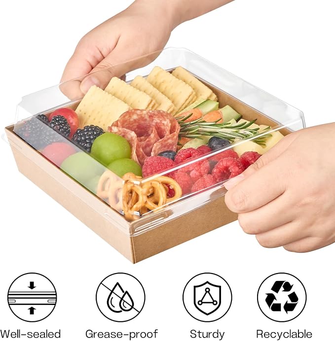 ZORRITA Large Charcuterie Boxes with Clear Lids, 7x7 Inch, 20 Pack, Brown | Disposable, Square, Kraft Paper, To Go Food Containers, Bakery Boxes, For Charcuterie Desserts Strawberries Cookies