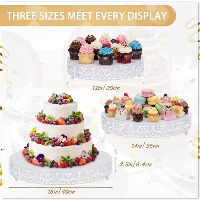 Wenqik 3 Pcs 16'' 14'' 12'' Metal White Cake Stand Round Cake Stands for Dessert Table Cookies Fruit Serving Tray Cupcake Dessert Pastry Riser for Wedding Birthday Party and Events (Traditional Style)