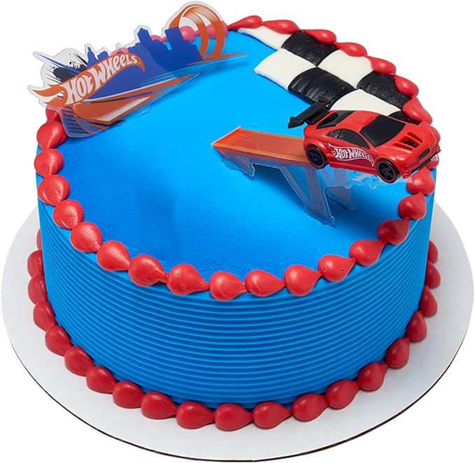DecoSet® Hot Wheels™ Supreme Speed Cake Topper, Car Cake Decoration Set with Vehicle cake topper, Ramp and Background Pics, 3 Piece Set | For Birthday And Celebrations