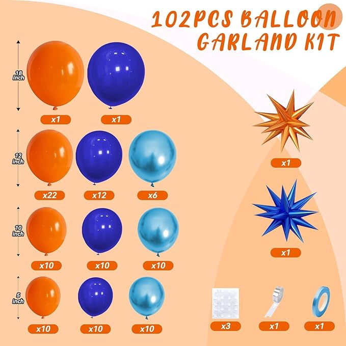 Orange and Blue Balloon Arch Garland Kit, Royal Blue Metallic Gold Orange Balloons with Star Foil Balloons for Boy Men Birthday Party Graduation Decorations Baby Shower Backdrop