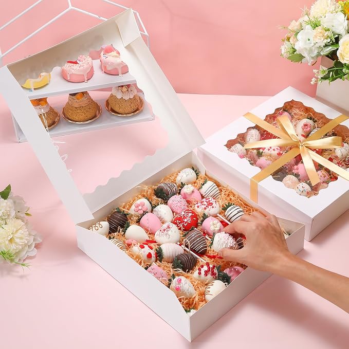24 Pack Pie Boxes, 12x12x2.5 Inch Bakery Boxes with Window, White Auto-Popup Cookie Box with Ribbon and Sticks for Treats, Pies, Muffins, Donuts and Pastries
