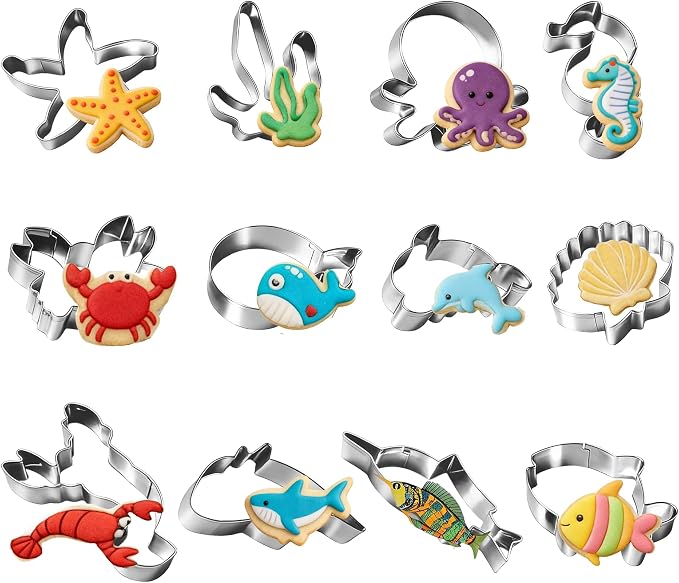 Under the Sea Cookie Cutter Set - 12Pcs Mini Cookie Cutters Variety Pack with Dough Scraper, Stainless Steel Cookie Mold for Biscuits, Fondant, Sandwiches and Pancakes