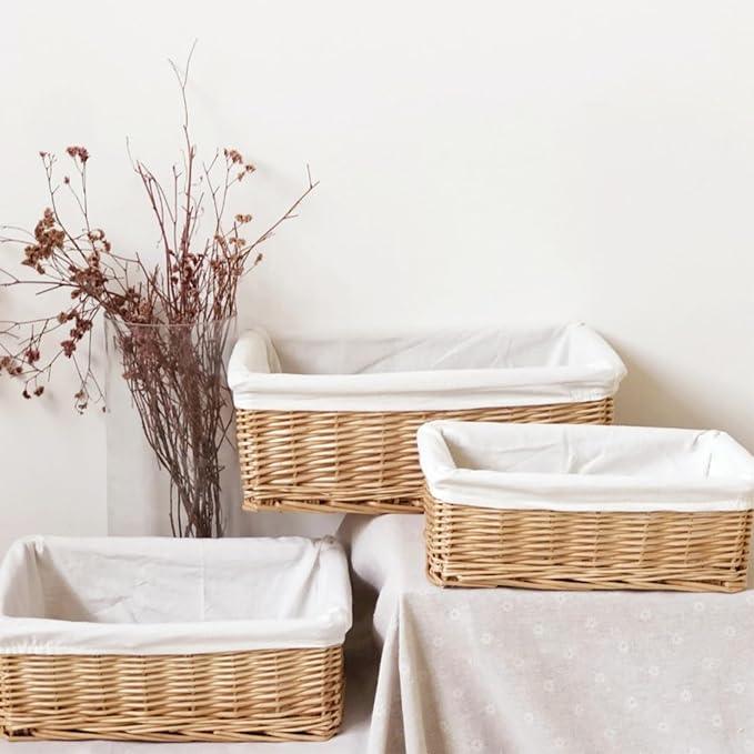 Handwoven Rattan Storage Basket with Removable Fabric Liner Desktop Organizers for Home Organization and Decoration Natural Fiber Closet Organizers Basket