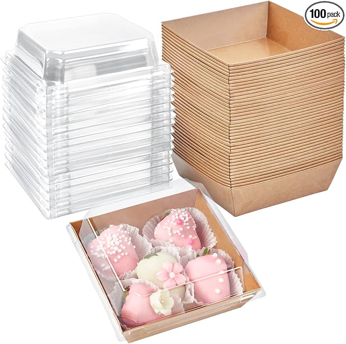 Ocmoiy Kraft Charcuterie Boxes with Clear Lids 4x4 Inch, 100 Pack Brown Square Bakery Cake Slice Boxes with Window, Dessert To Go Containers (100)