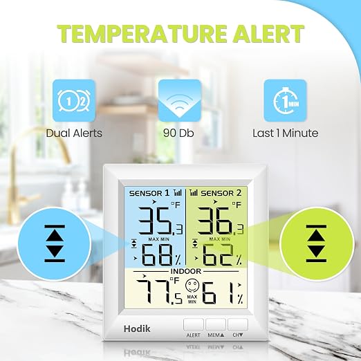 Hodik Digital wireless Thermometer, Fridge Freezer Alarm Thermometer Digital with 3 Adjustable Backlight and 330FT Remote Range for Kitchen Home Restaurant