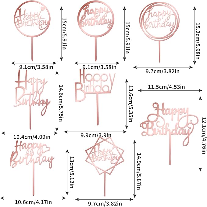 8 Packs Rose Gold Happy Birthday Cake Toppers, Acrylic Double-Sided Glitter Cupcake Toppers Set, Happy Birthday Party Sign Decorations Supplies
