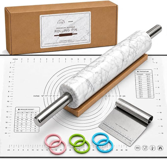 Premium White Marble Rolling Pin Set with Natural Veins, Stainless Steel Handles, Wooden Stand, Pastry Mat, Dough Cutter & 3 Thickness Rings – Baking Gift Set