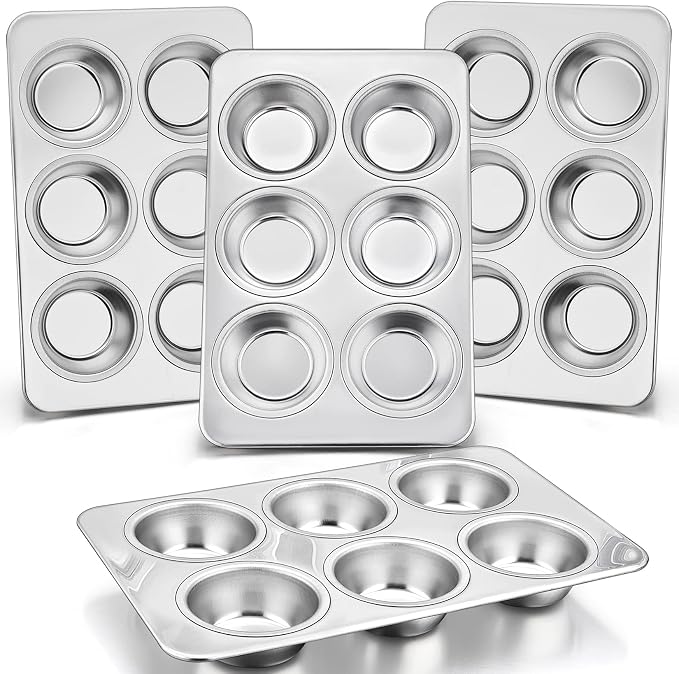 P&P CHEF Muffin Pan Cupcake Baking Pan Set, Stainless Steel Muffin Tin Tray for Mini Cake Tart Quiche, Oven & Dishwasher Safe, Non-toxic & Heavy-duty, (6 Cup, 4Pcs)