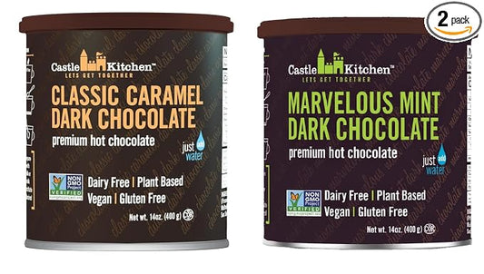 Castle Kitchen Hot Chocolate Mix Variety Pack (28 oz)– Classic Caramel Dark Chocolate and Marvelous Mint Dark Chocolate – Dairy-Free, Vegan, Non-GMO, Kosher Hot Cocoa – Just Add Water – 14 oz Each, Pack of 2