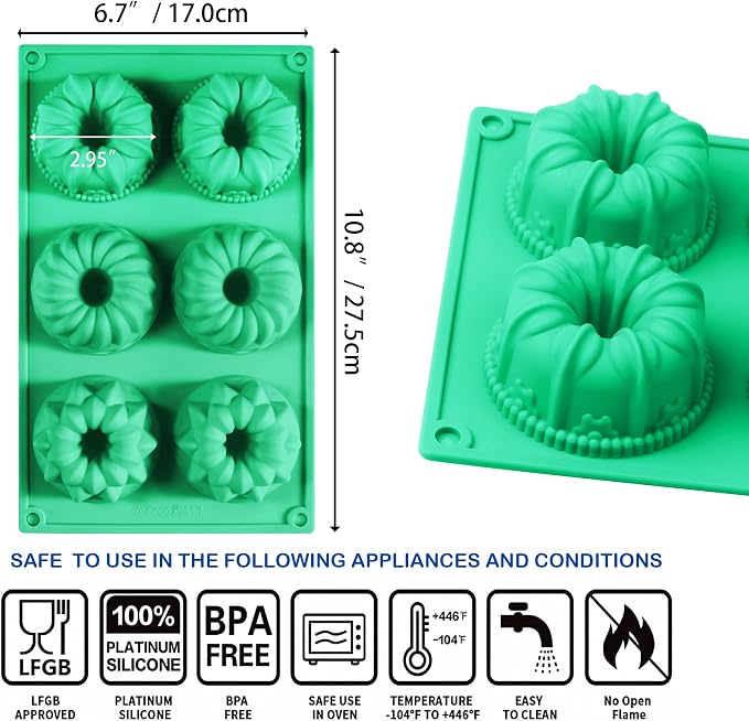Zorazio 6-Cavity Fluted Tube Cake Pan,3Pcs Silicone Cake Pan, Non-stick Mix Mini Baking Mold for Cupcake Cornbread Brownie Jello