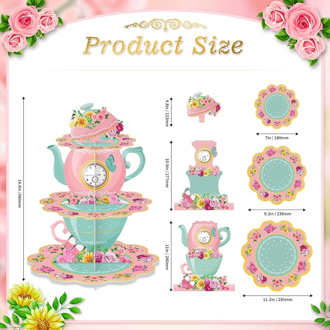 2 Pack Tea Party Cupcake Stands Birthday Decorations: 3-Tier Floral Afternoon Tea Time Theme Dessert Holder Cake Toppers for Adults Girls Kids Baby Bridal Shower Vintage Garden Princess Party Favors