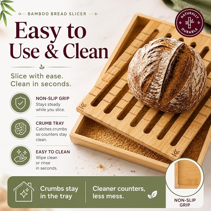 Bread Slicer For Homemade Bread - Fir and Favour Upgraded Adjustable Bamboo Bread Cutter Board - Compact Slicing Guide With Crumb/Serving Tray- Bread Loaf Slicer for Sourdough Gift