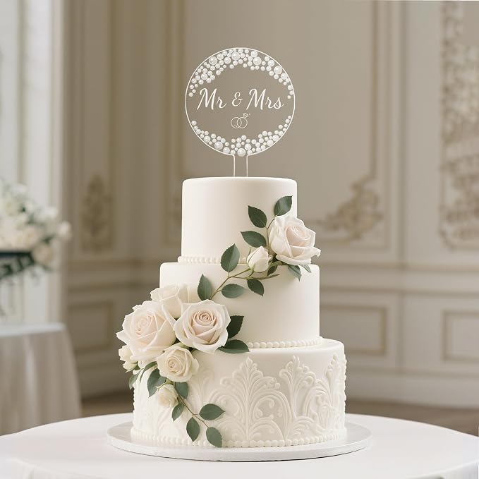 Coucoland Mr and Mrs Cake Topper - Round Acrylic Wedding Cake Decor with Elegant Pearls for Engagement Bridal Anniversary