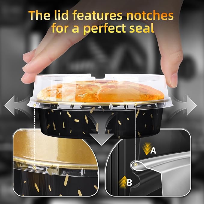 Beasea Pie Tins with Lids 8oz, 120 Pack 4 Inch Disposable Mini Creme Brulee Ramekins Gold Black Small Aluminum Foil Pie Tart Cake Baking Pans Individual Round Containers Oven Safe for Baking