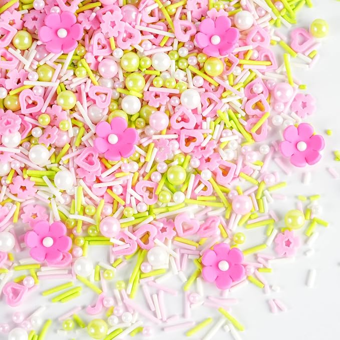 Flowers Sprinkles for Cake Decorating, 15 Pink Flowers Icing Decorations - 7 oz Easter Pastel Sprinkles Green Pink Sugar Pearls Jimmies for Cookie Decorating, Spring Sprinkles Cupcake Topper, Ice Cream, Candy Chocolate
