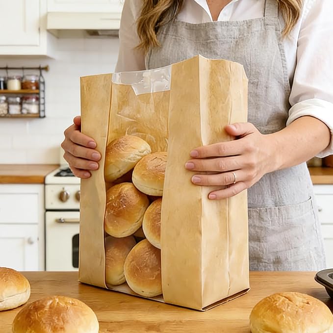 BIUBIU 16 x 10 x 5 Inches Extra Large Paper Bread Bags for Homemade Bread with Window and Sticker for XL Sourdough Bread, Supersized Loaf, Baked Goods, Packaging for Gifting - Brown Kraft 25 Pack