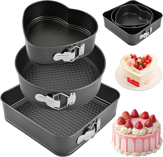 Springform Pan Set of 3 (7,8,9 Inch) - Round, Square and Heart Shaped Leakproof Cheesecake Pans with Removable Bottom, Nonstick Carbon Steel Cake Tin for Valentine‘s Day, Anniversary Baking