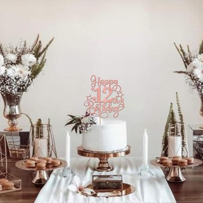 1 PCS Happy 12th Birthday Cake Topper Glitter Cheers to 12 Years Birthday Cake Pick Hello 12 Fabulous Cake Decoration for Happy 12th Birthday Anniversary Party Decorations Supplies Rose Gold
