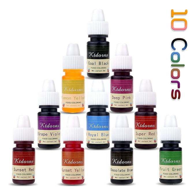Food Coloring - Yellow,Blue,Green,Violet 10 Color cake food coloring liquid Variety Kit for Baking, Decorating,Fondant and Cooking, Slime Making Supplies Kit - .25 fl. oz. (6ml) Bottles