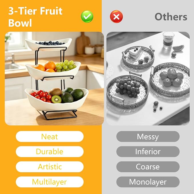jessie 3 Tier Ceramic Fruit Basket for Kitchen Counter with Metal Stand, Fruit Bowls with Rack, Porcelain Bowls for Vegetable Bread Candy Snack Nuts Dessert Cake Tray